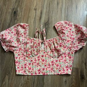 SHEIN Pink Floral Puff-Sleeve Tie-Front Crop Top